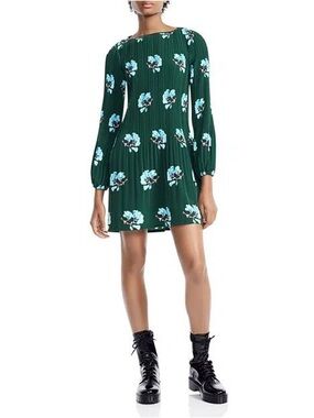Maje Rockina Green Floral Long-Sleeve Pleated Mini Dress